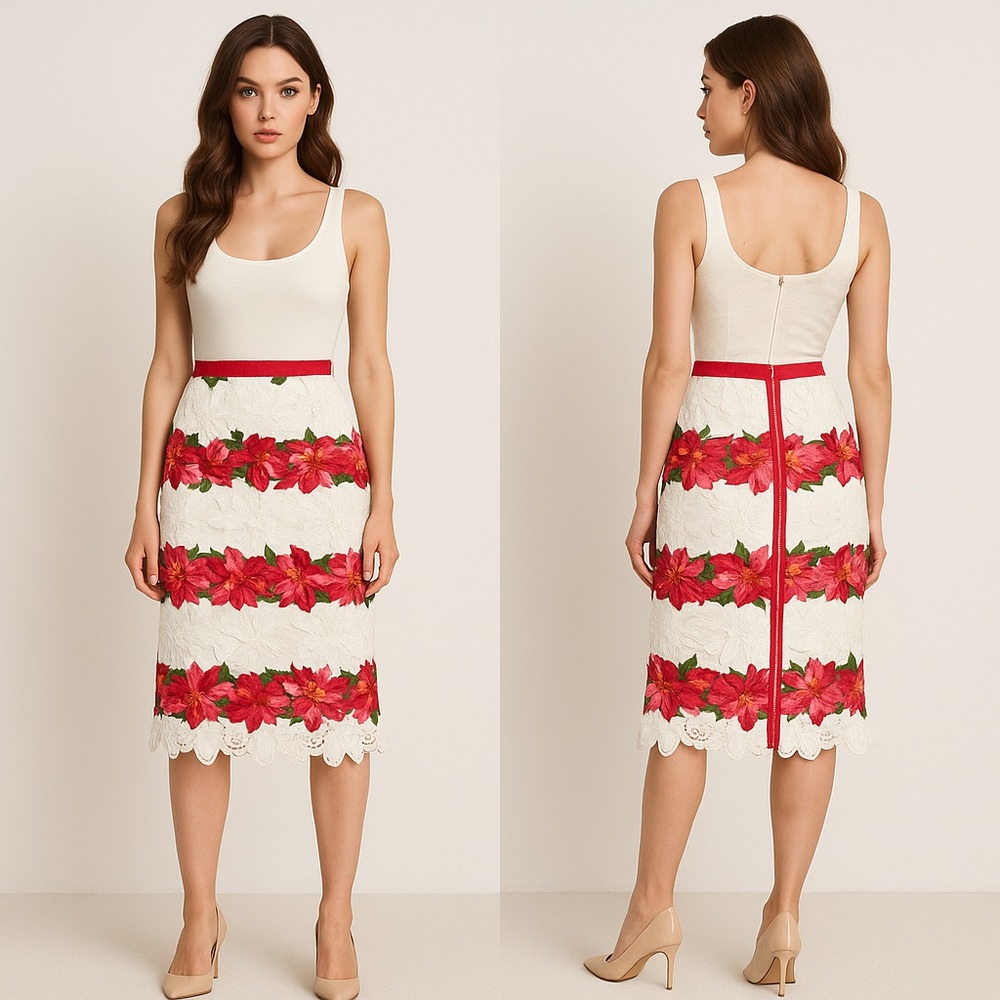 Nieman Marcus White & Pink Floral Lace Skirt Sz. L